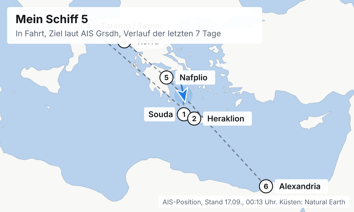 Karte: aktuelle Position der Mein Schiff 5, Verlauf der letzten Tage und die nächsten Häfen laut Fahrplan