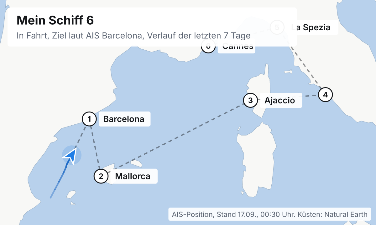 Karte: aktuelle Position der Mein Schiff 6, Verlauf der letzten Tage und die nächsten Häfen laut Fahrplan