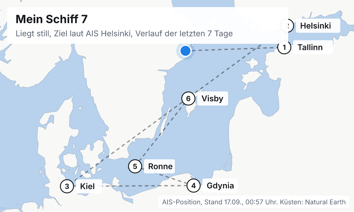 Karte: aktuelle Position der Mein Schiff 7, Verlauf der letzten Tage und die nächsten Häfen laut Fahrplan
