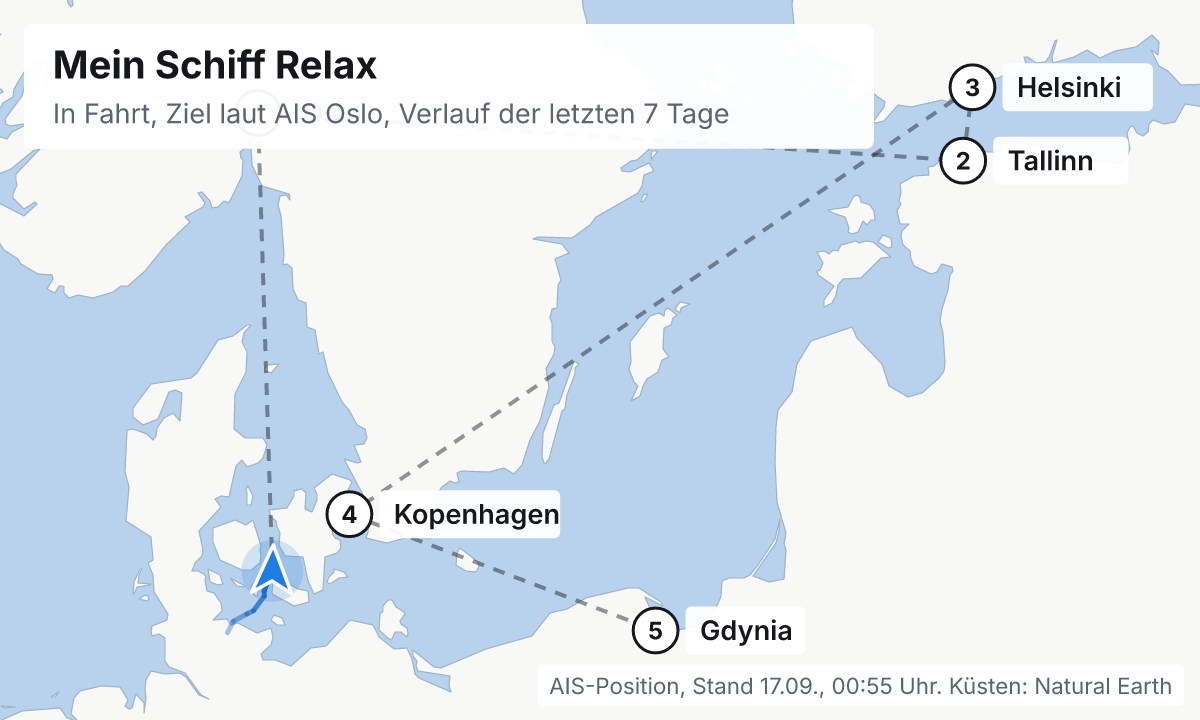 Karte: aktuelle Position der Mein Schiff Relax, Verlauf der letzten Tage und die nächsten Häfen laut Fahrplan