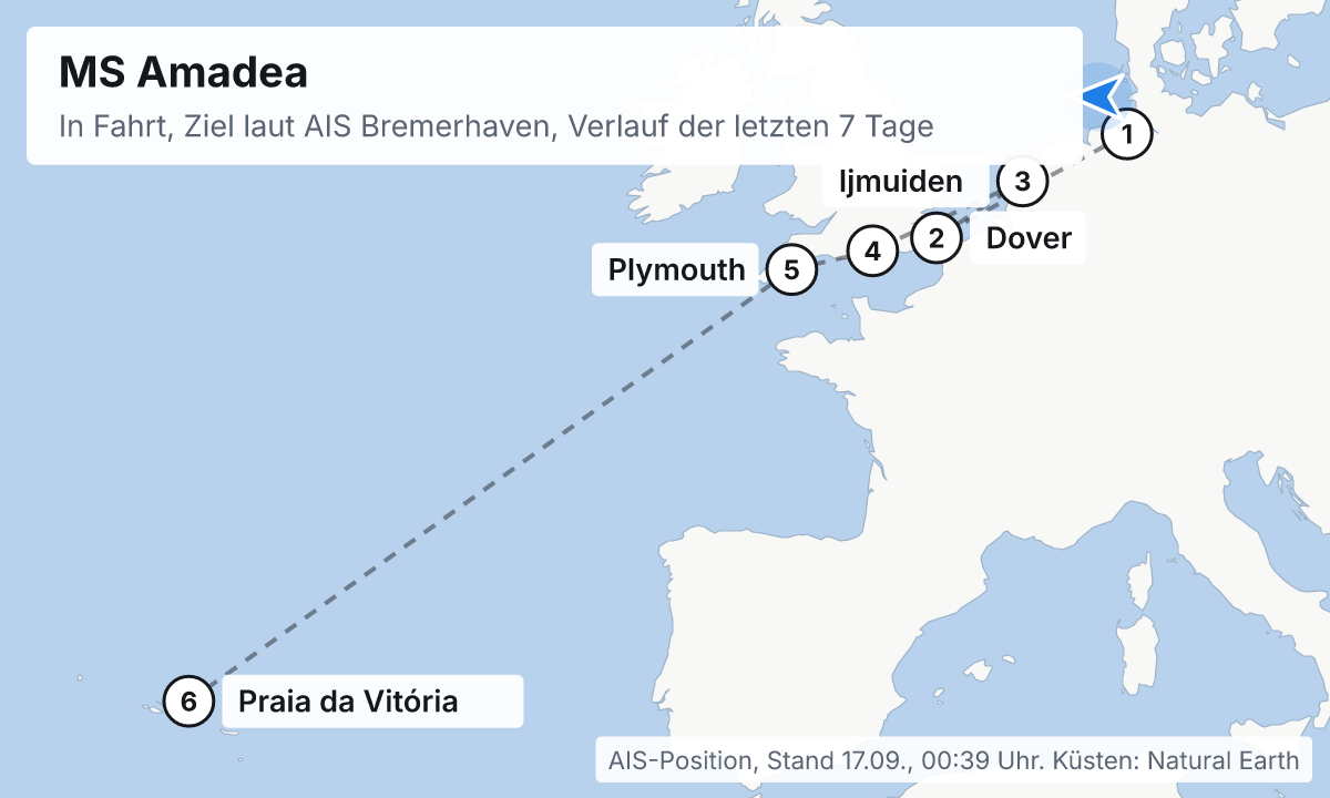 Karte: aktuelle Position der MS Amadea, Verlauf der letzten Tage und die nächsten Häfen laut Fahrplan