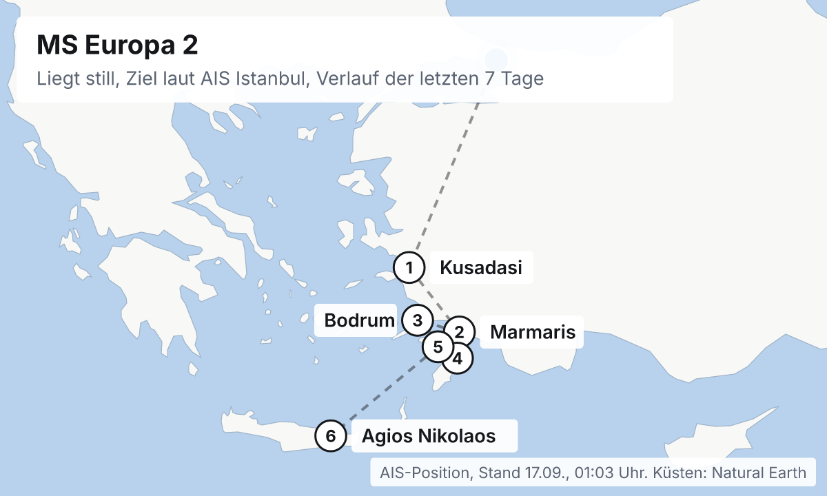 Karte: aktuelle Position der MS Europa 2, Verlauf der letzten Tage und die nächsten Häfen laut Fahrplan