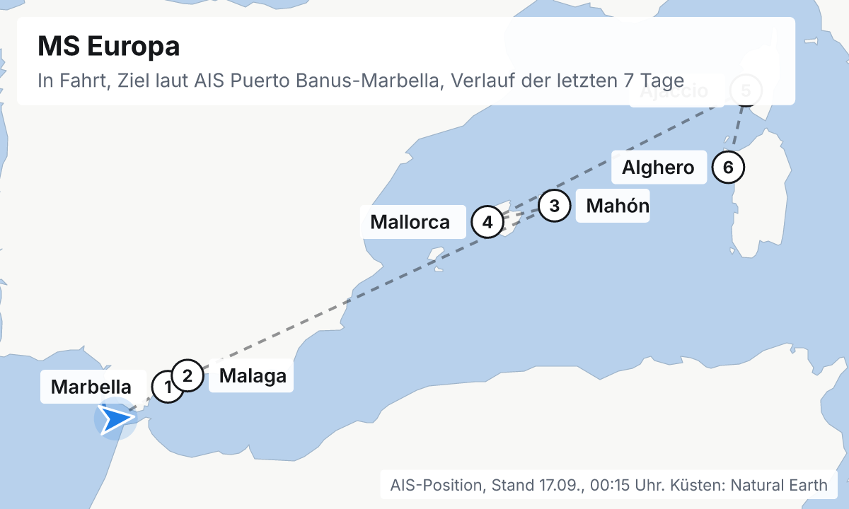 Karte: aktuelle Position der MS Europa, Verlauf der letzten Tage und die nächsten Häfen laut Fahrplan
