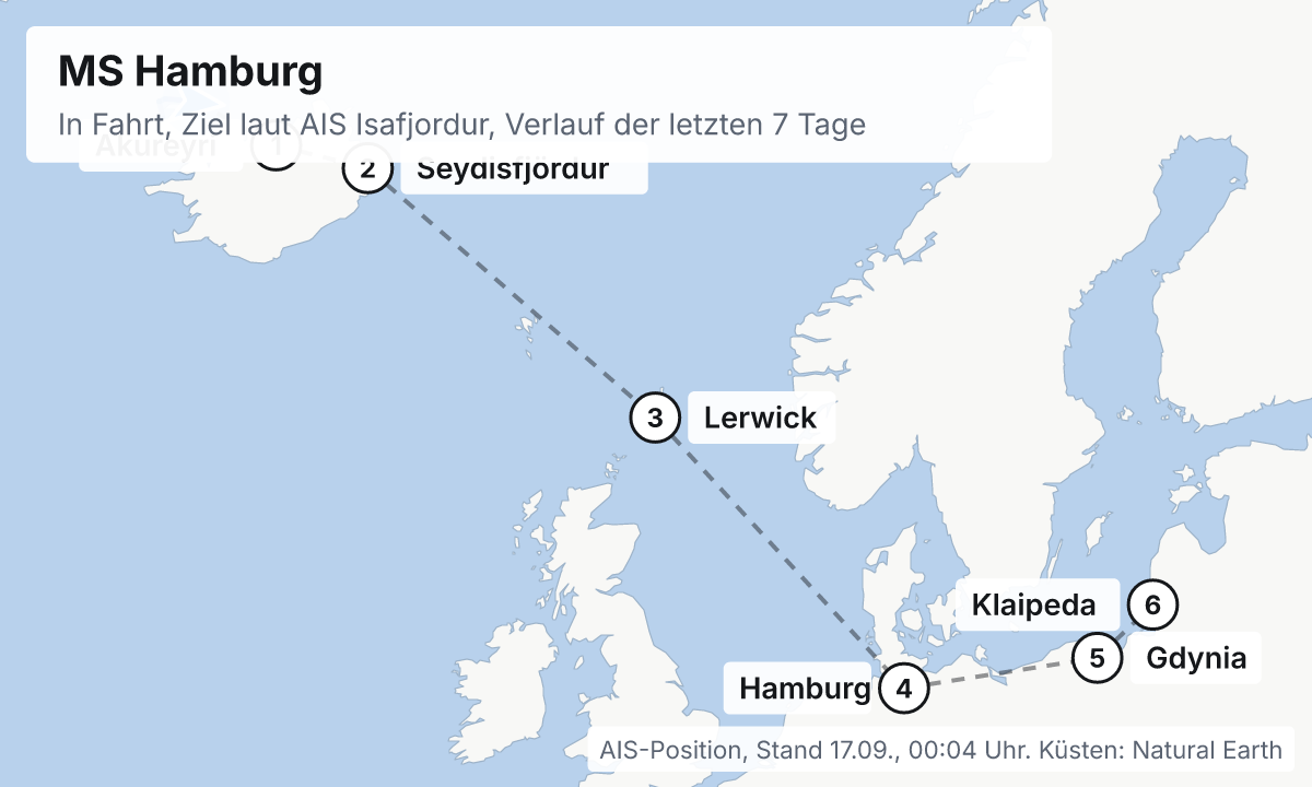 Karte: aktuelle Position der MS Hamburg, Verlauf der letzten Tage und die nächsten Häfen laut Fahrplan