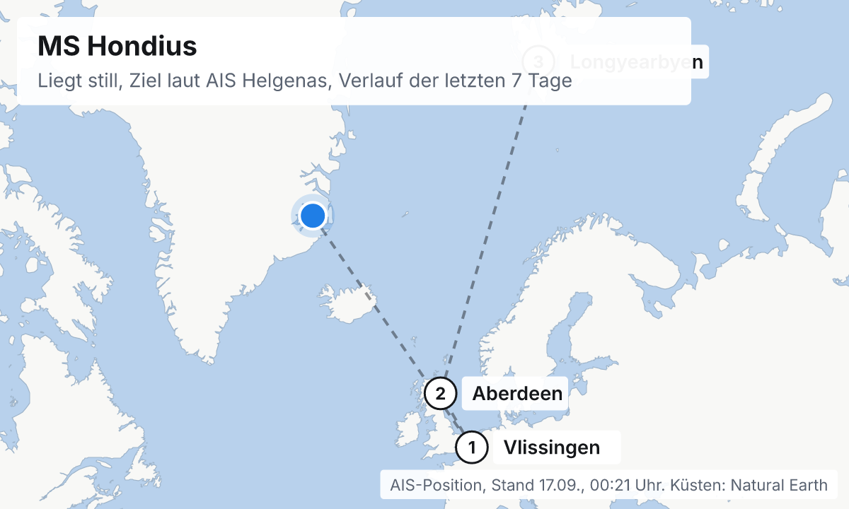 Karte: aktuelle Position der MS Hondius, Verlauf der letzten Tage und die nächsten Häfen laut Fahrplan