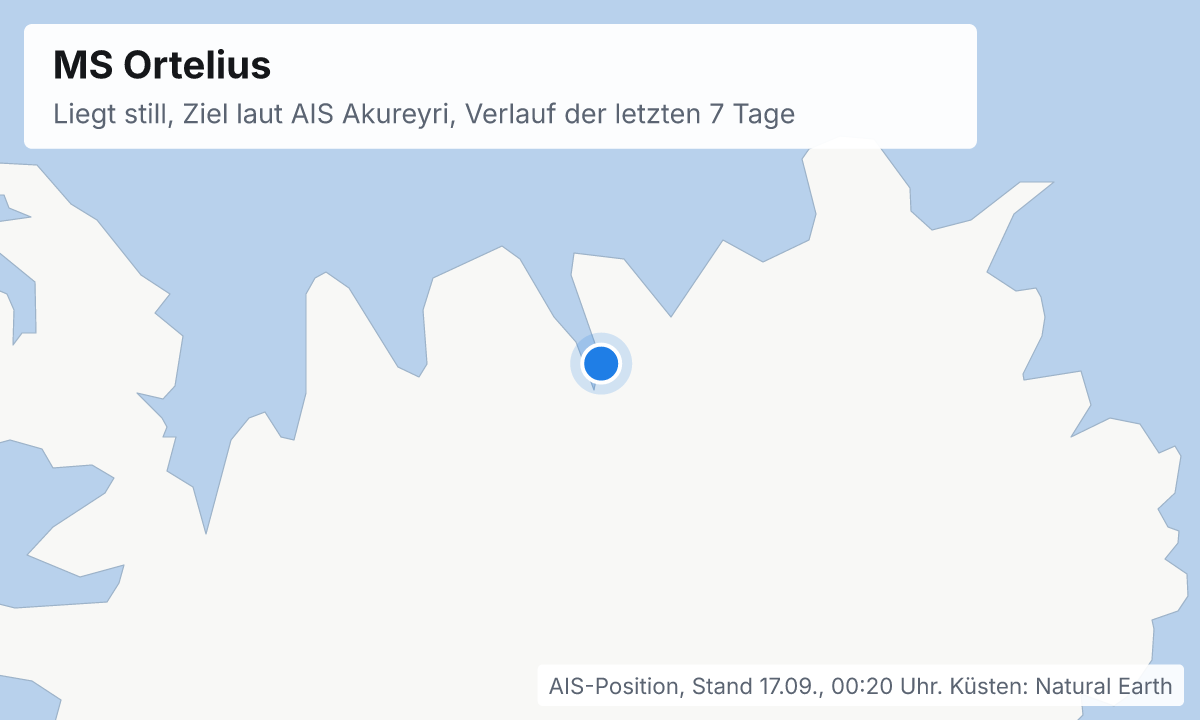 Karte: aktuelle Position der MS Ortelius, Verlauf der letzten Tage und die nächsten Häfen laut Fahrplan