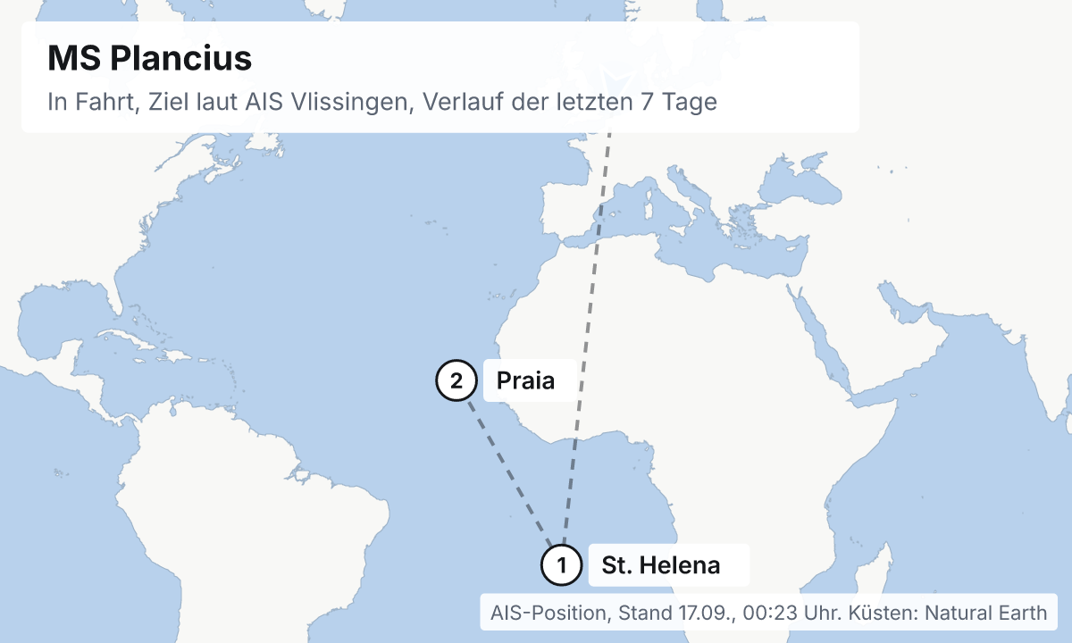 Karte: aktuelle Position der MS Plancius, Verlauf der letzten Tage und die nächsten Häfen laut Fahrplan