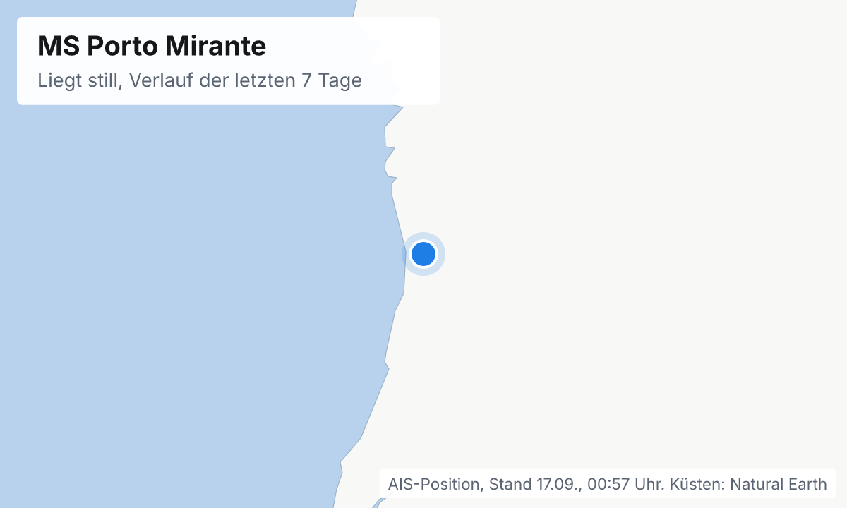 Karte: aktuelle Position der MS Porto Mirante, Verlauf der letzten Tage und die nächsten Häfen laut Fahrplan
