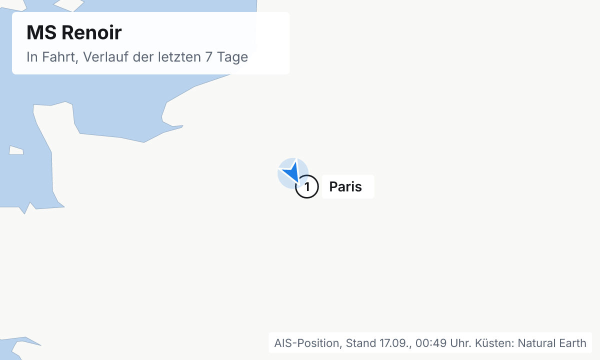 Karte: aktuelle Position der MS Renoir, Verlauf der letzten Tage und die nächsten Häfen laut Fahrplan