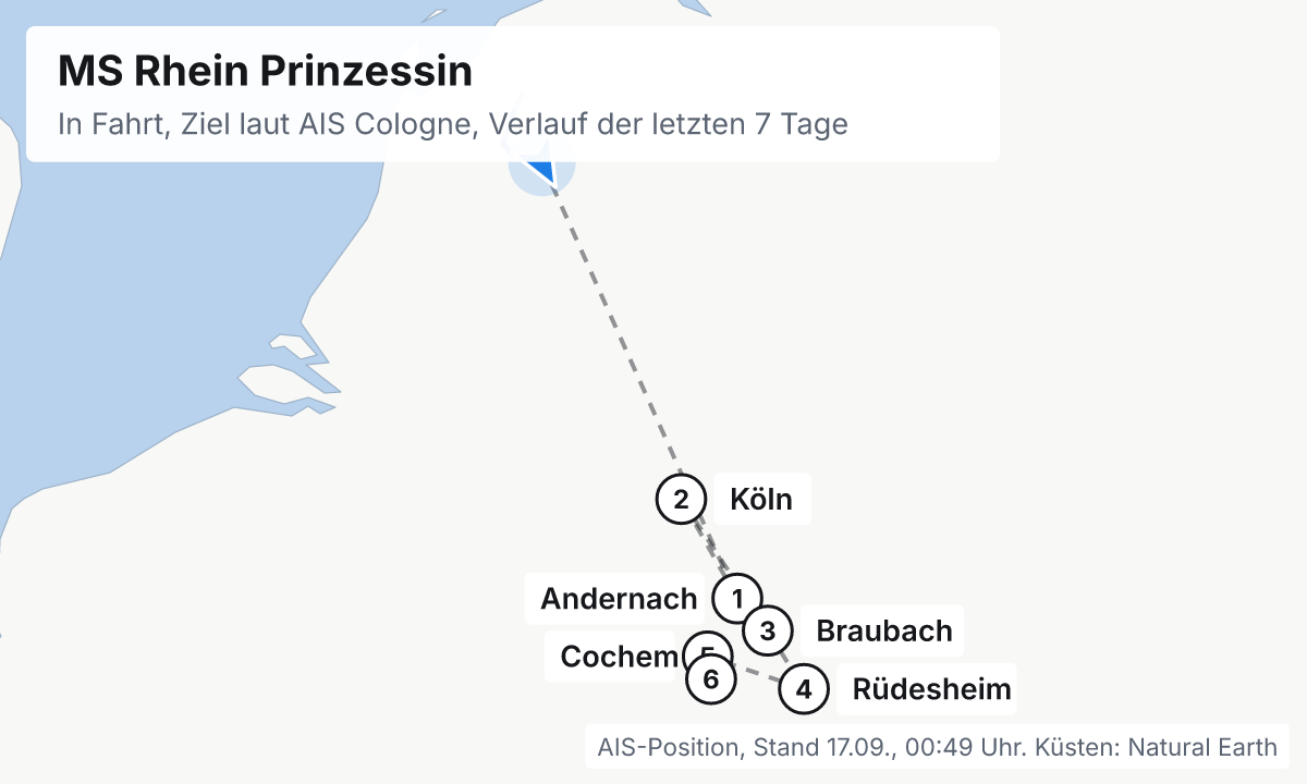 Karte: aktuelle Position der MS Rhein Prinzessin, Verlauf der letzten Tage und die nächsten Häfen laut Fahrplan