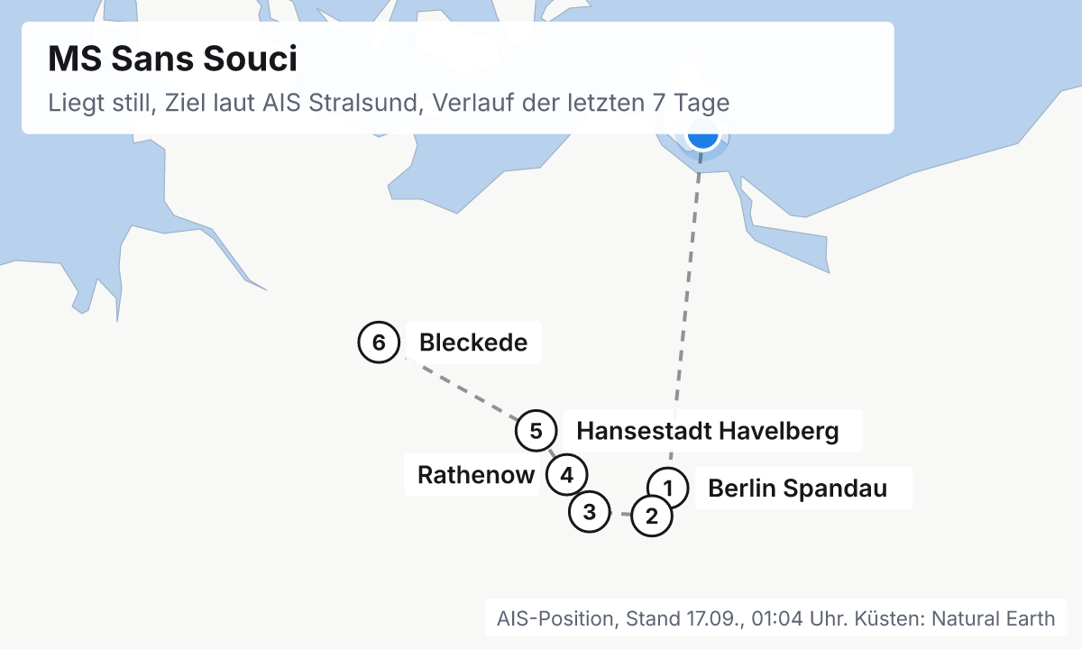Karte: aktuelle Position der MS Sans Souci, Verlauf der letzten Tage und die nächsten Häfen laut Fahrplan