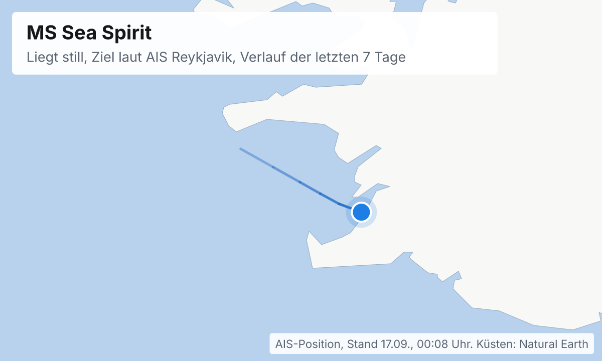 Karte: aktuelle Position der MS Sea Spirit, Verlauf der letzten Tage und die nächsten Häfen laut Fahrplan