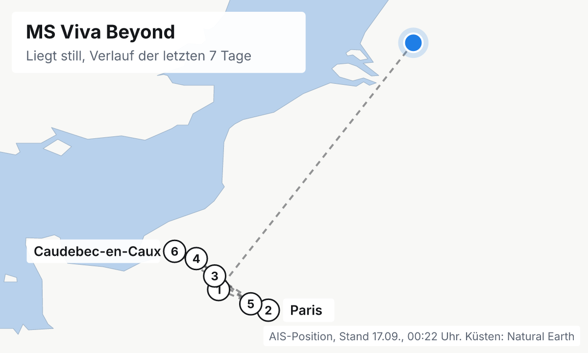 Karte: aktuelle Position der MS Viva Beyond, Verlauf der letzten Tage und die nächsten Häfen laut Fahrplan