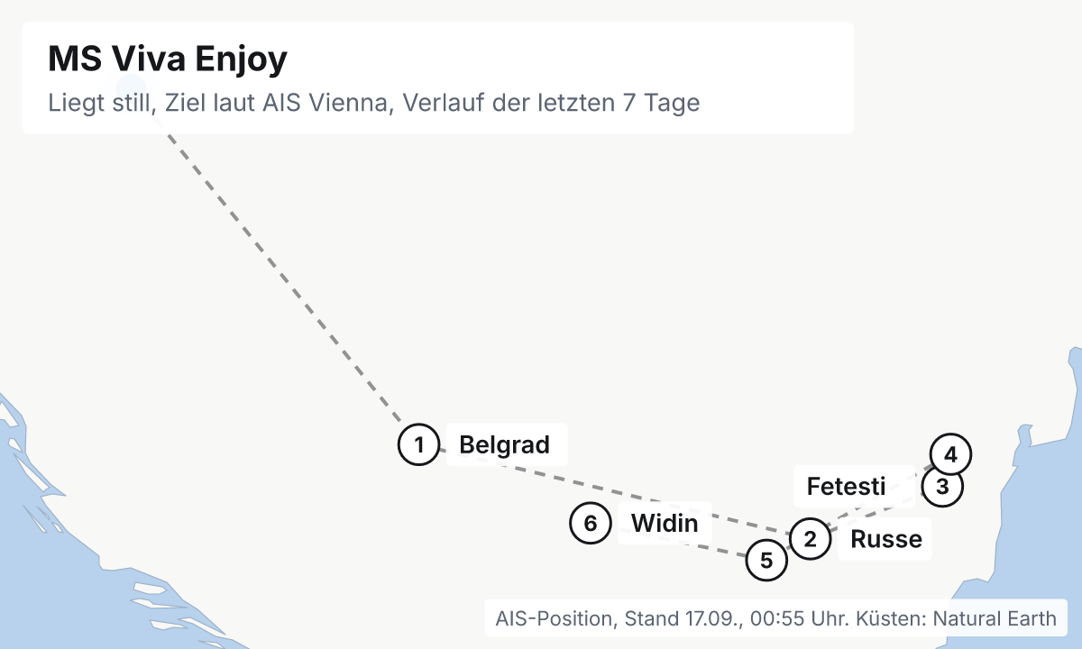 Karte: aktuelle Position der MS Viva Enjoy, Verlauf der letzten Tage und die nächsten Häfen laut Fahrplan