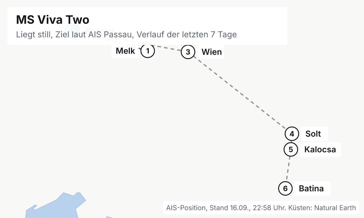 Karte: aktuelle Position der MS Viva Two, Verlauf der letzten Tage und die nächsten Häfen laut Fahrplan
