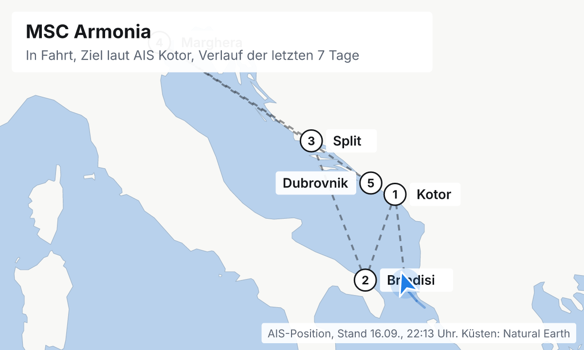 Karte: aktuelle Position der MSC Armonia, Verlauf der letzten Tage und die nächsten Häfen laut Fahrplan