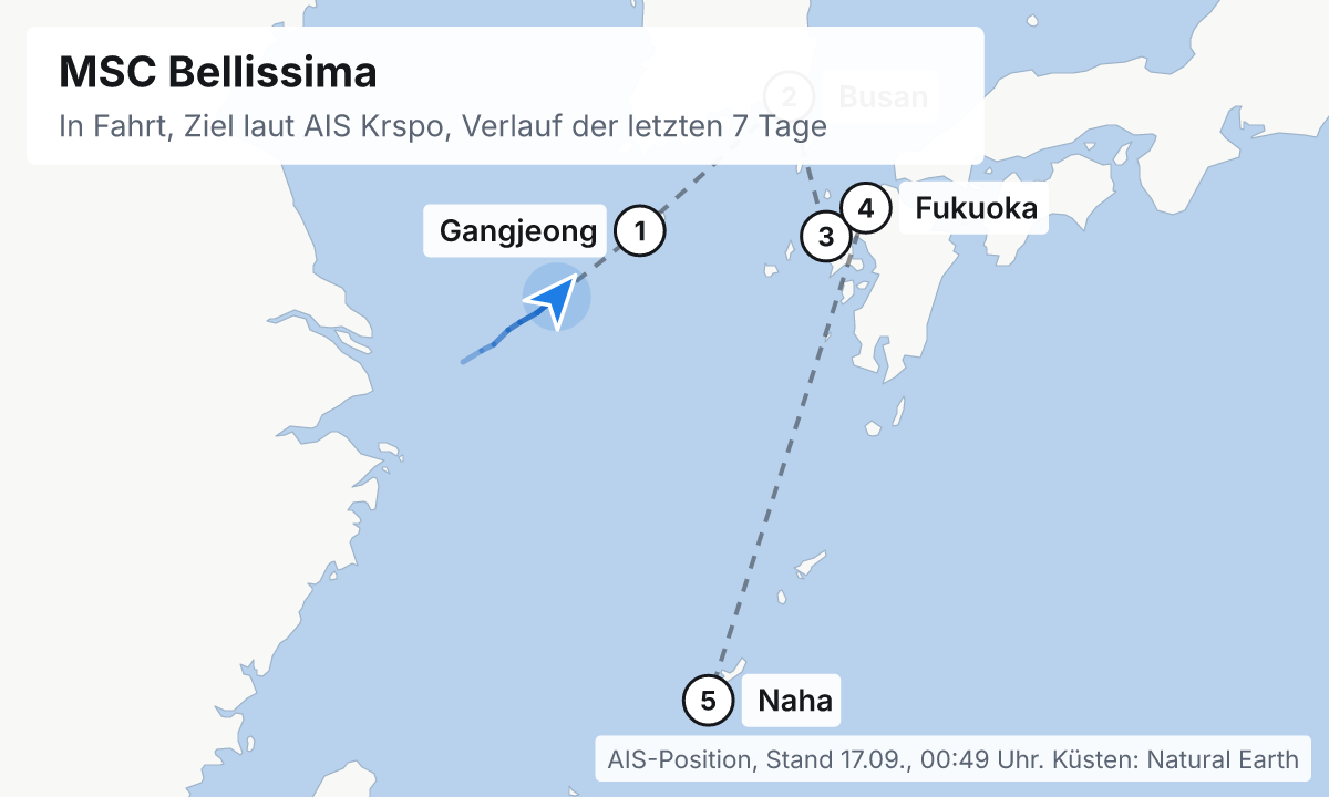Karte: aktuelle Position der MSC Bellissima, Verlauf der letzten Tage und die nächsten Häfen laut Fahrplan