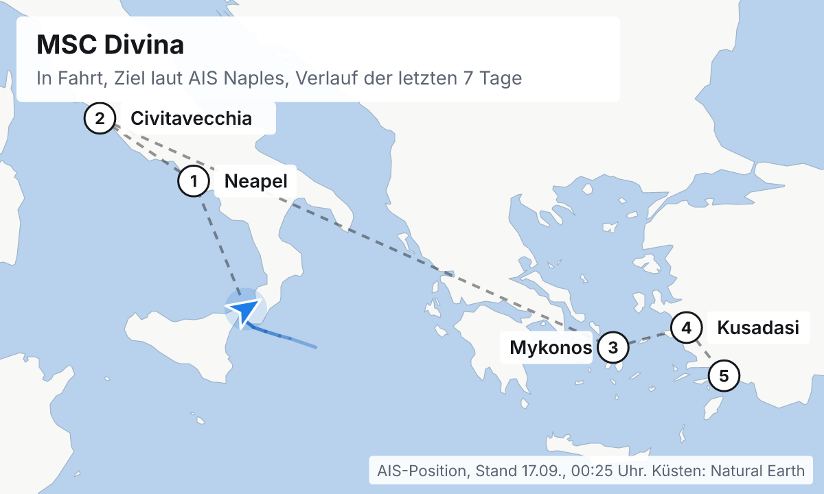 Karte: aktuelle Position der MSC Divina, Verlauf der letzten Tage und die nächsten Häfen laut Fahrplan