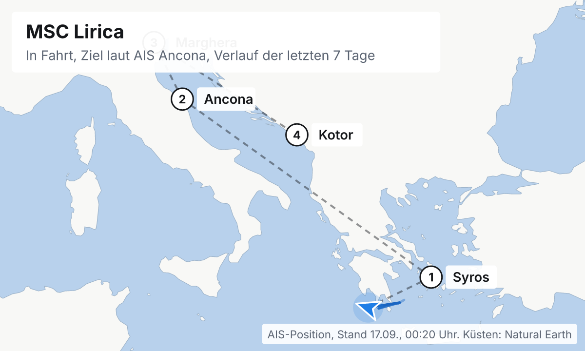 Karte: aktuelle Position der MSC Lirica, Verlauf der letzten Tage und die nächsten Häfen laut Fahrplan