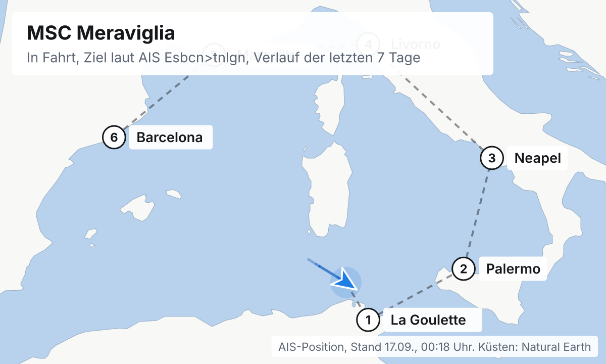 Karte: aktuelle Position der MSC Meraviglia, Verlauf der letzten Tage und die nächsten Häfen laut Fahrplan