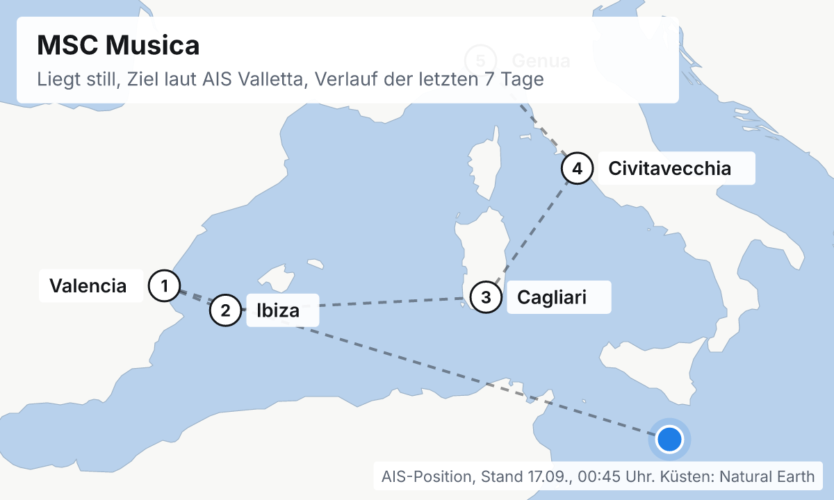 Karte: aktuelle Position der MSC Musica, Verlauf der letzten Tage und die nächsten Häfen laut Fahrplan