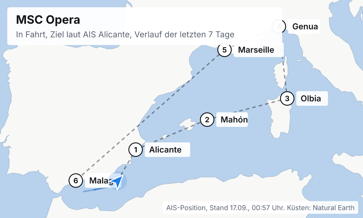 Karte: aktuelle Position der MSC Opera, Verlauf der letzten Tage und die nächsten Häfen laut Fahrplan