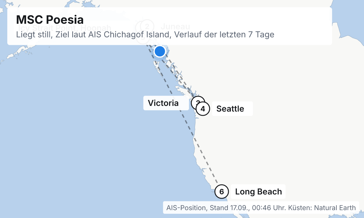 Karte: aktuelle Position der MSC Poesia, Verlauf der letzten Tage und die nächsten Häfen laut Fahrplan