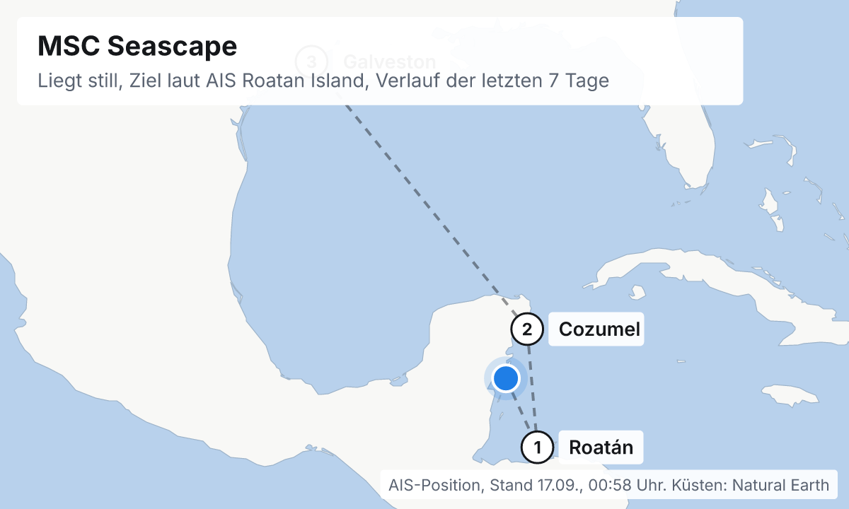 Karte: aktuelle Position der MSC Seascape, Verlauf der letzten Tage und die nächsten Häfen laut Fahrplan