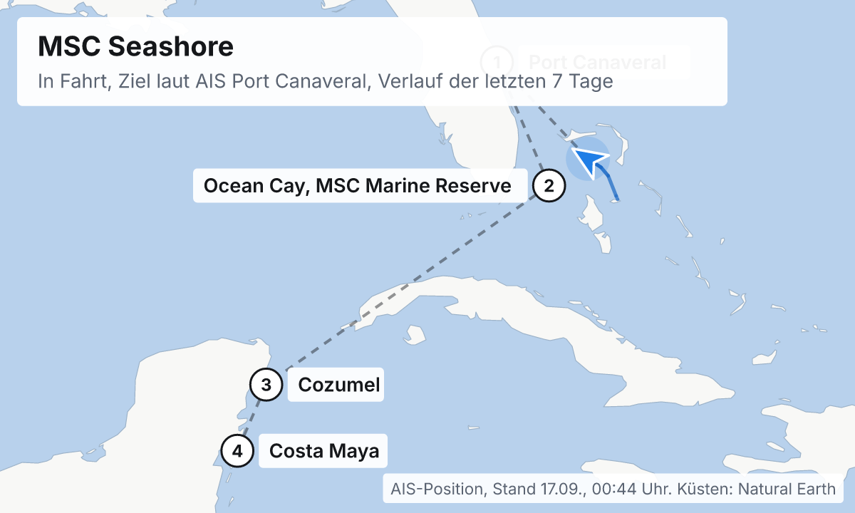 Karte: aktuelle Position der MSC Seashore, Verlauf der letzten Tage und die nächsten Häfen laut Fahrplan