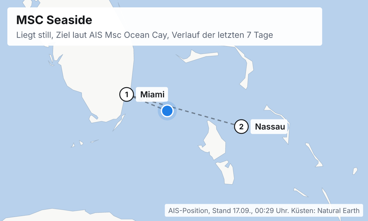 Karte: aktuelle Position der MSC Seaside, Verlauf der letzten Tage und die nächsten Häfen laut Fahrplan