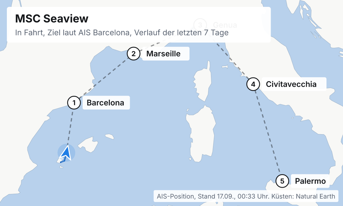 Karte: aktuelle Position der MSC Seaview, Verlauf der letzten Tage und die nächsten Häfen laut Fahrplan