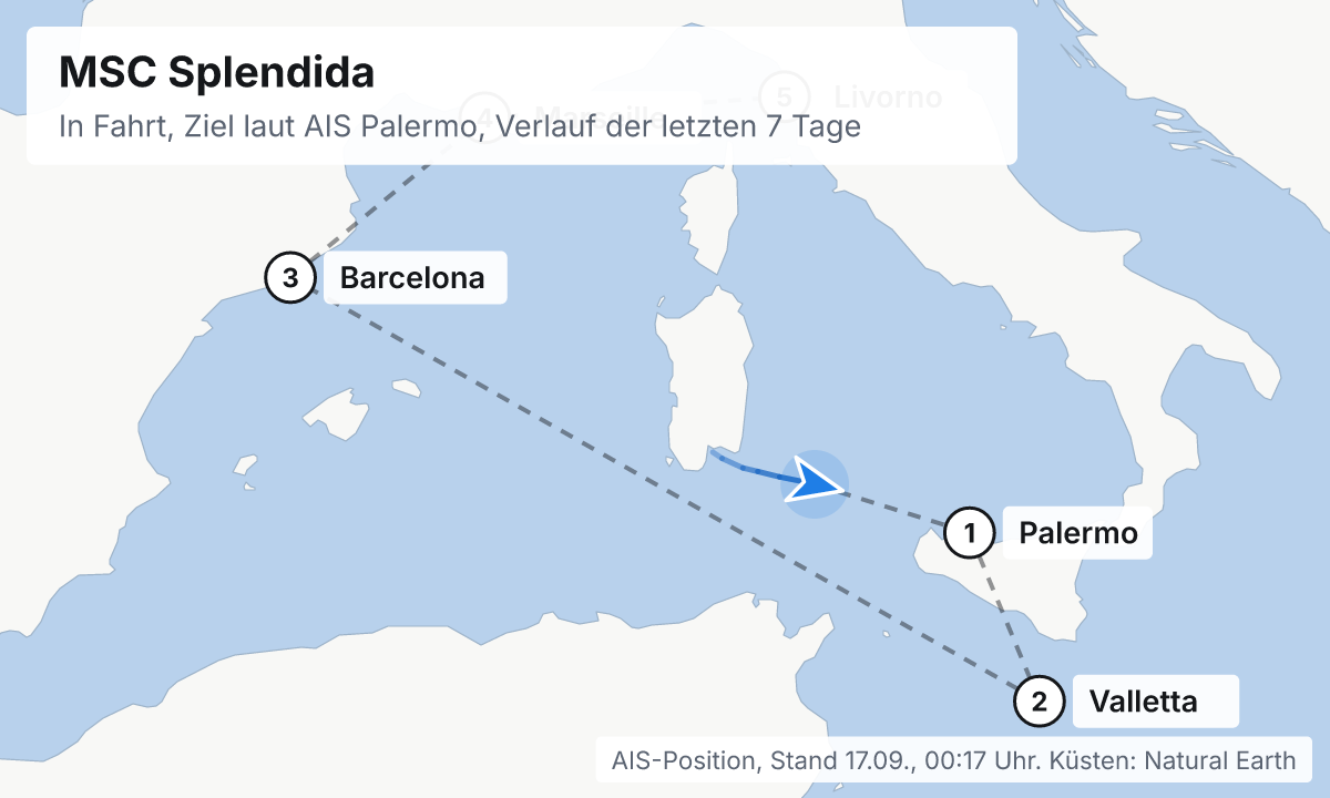 Karte: aktuelle Position der MSC Splendida, Verlauf der letzten Tage und die nächsten Häfen laut Fahrplan