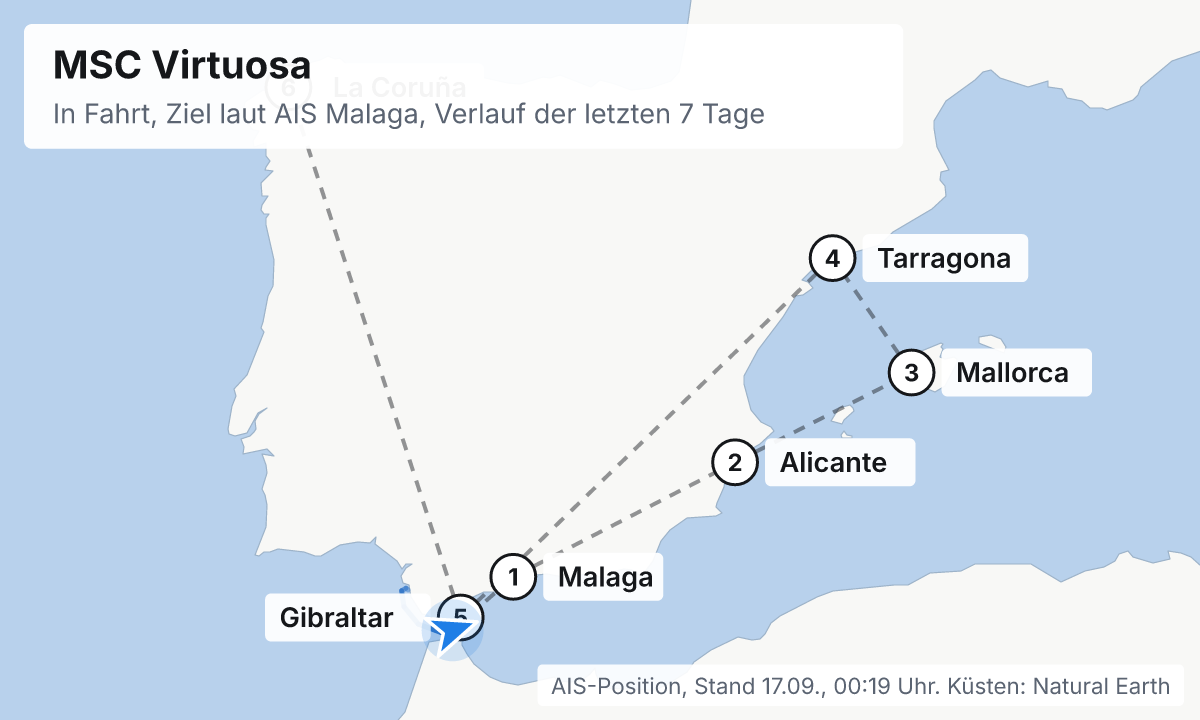 Karte: aktuelle Position der MSC Virtuosa, Verlauf der letzten Tage und die nächsten Häfen laut Fahrplan