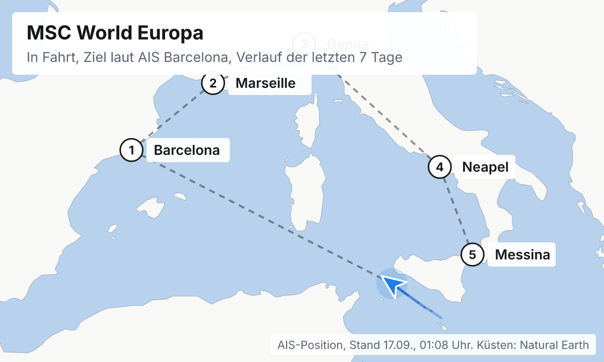 Karte: aktuelle Position der MSC World Europa, Verlauf der letzten Tage und die nächsten Häfen laut Fahrplan