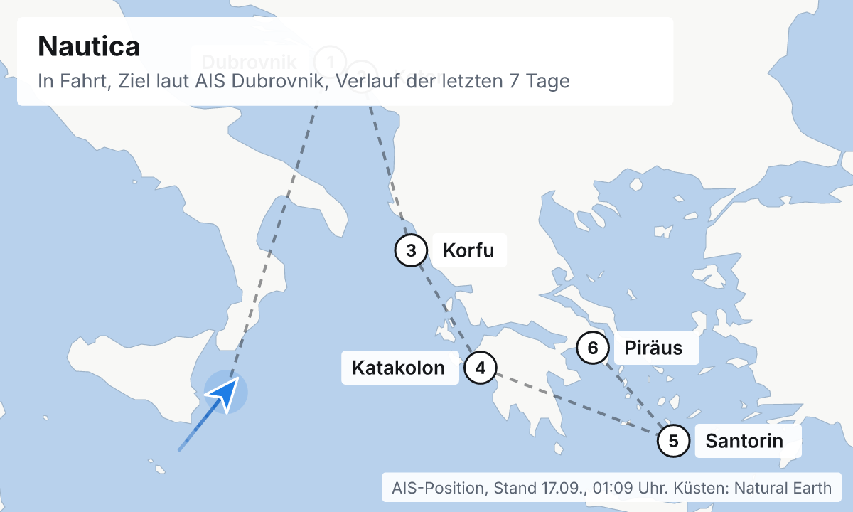 Karte: aktuelle Position der Nautica, Verlauf der letzten Tage und die nächsten Häfen laut Fahrplan