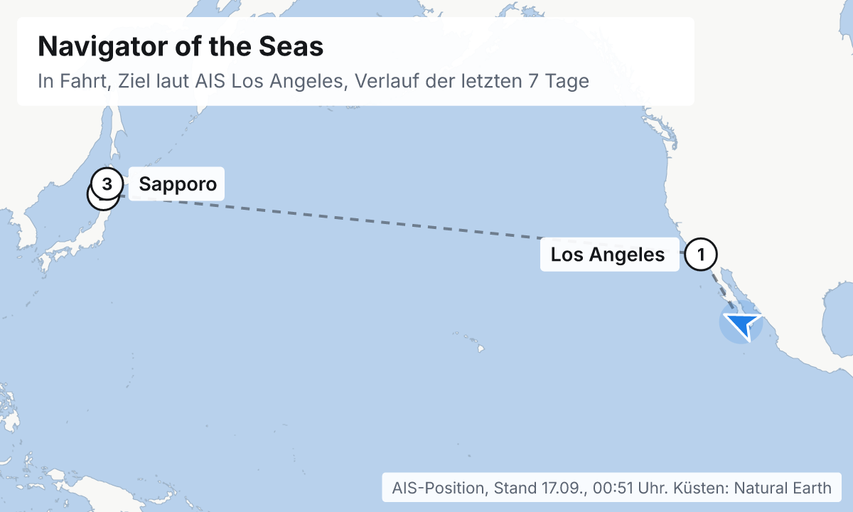 Karte: aktuelle Position der Navigator of the Seas, Verlauf der letzten Tage und die nächsten Häfen laut Fahrplan