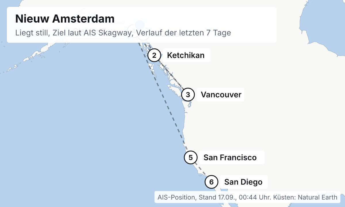 Karte: aktuelle Position der Nieuw Amsterdam, Verlauf der letzten Tage und die nächsten Häfen laut Fahrplan