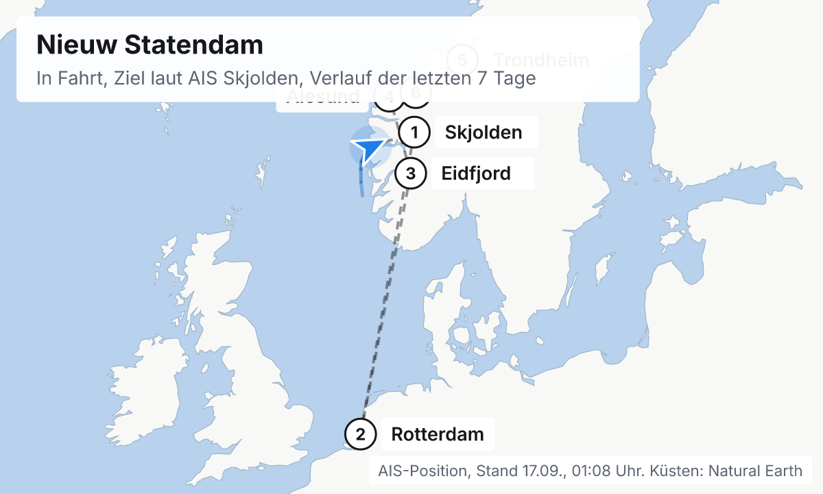 Karte: aktuelle Position der Nieuw Statendam, Verlauf der letzten Tage und die nächsten Häfen laut Fahrplan