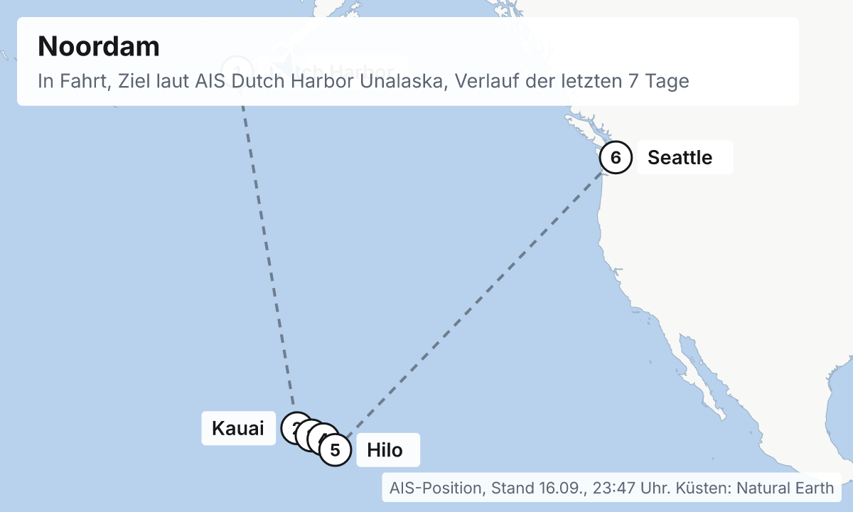 Karte: aktuelle Position der Noordam, Verlauf der letzten Tage und die nächsten Häfen laut Fahrplan