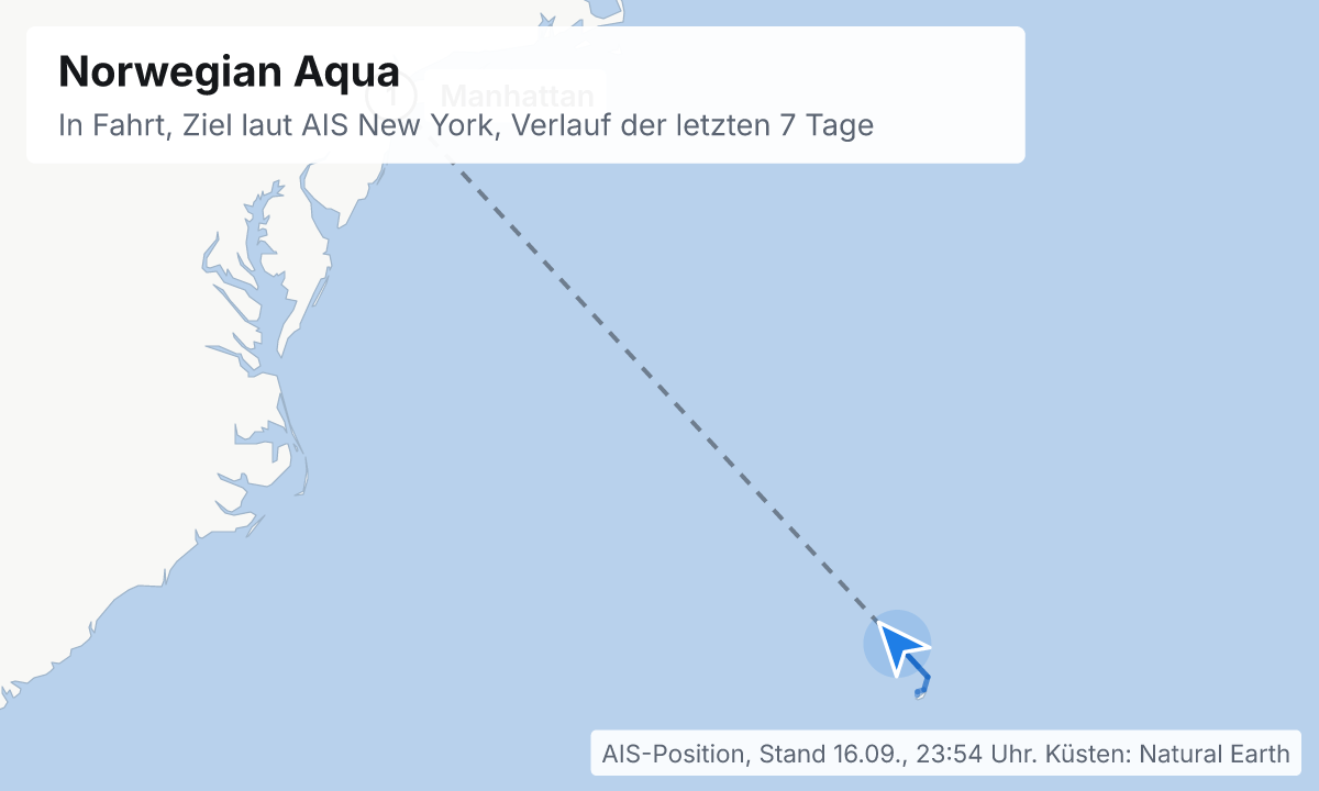 Karte: aktuelle Position der Norwegian Aqua, Verlauf der letzten Tage und die nächsten Häfen laut Fahrplan