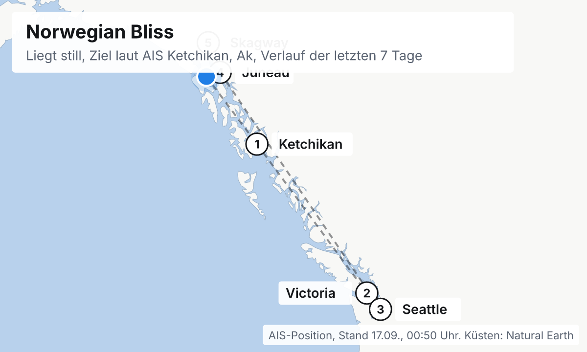 Karte: aktuelle Position der Norwegian Bliss, Verlauf der letzten Tage und die nächsten Häfen laut Fahrplan