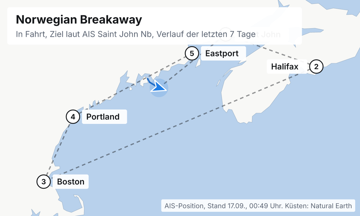 Karte: aktuelle Position der Norwegian Breakaway, Verlauf der letzten Tage und die nächsten Häfen laut Fahrplan