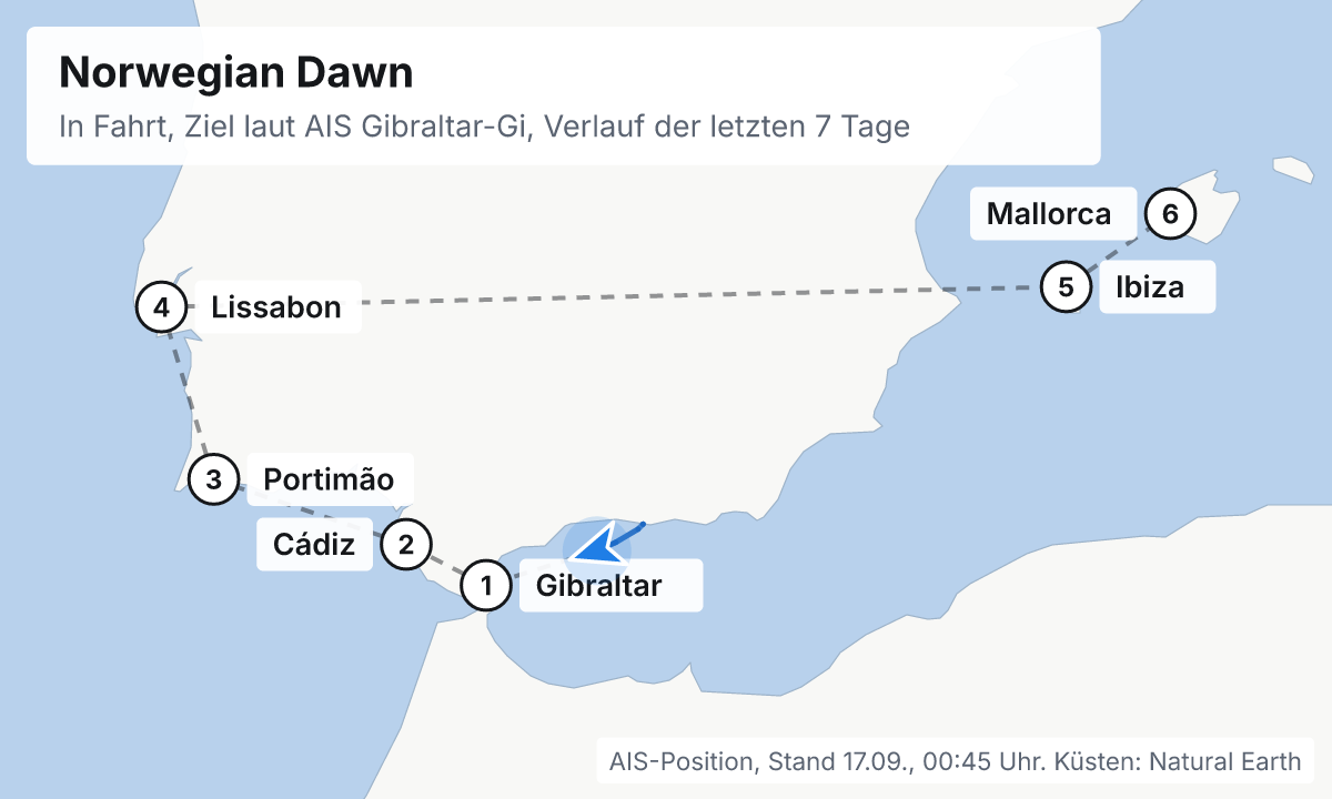 Karte: aktuelle Position der Norwegian Dawn, Verlauf der letzten Tage und die nächsten Häfen laut Fahrplan