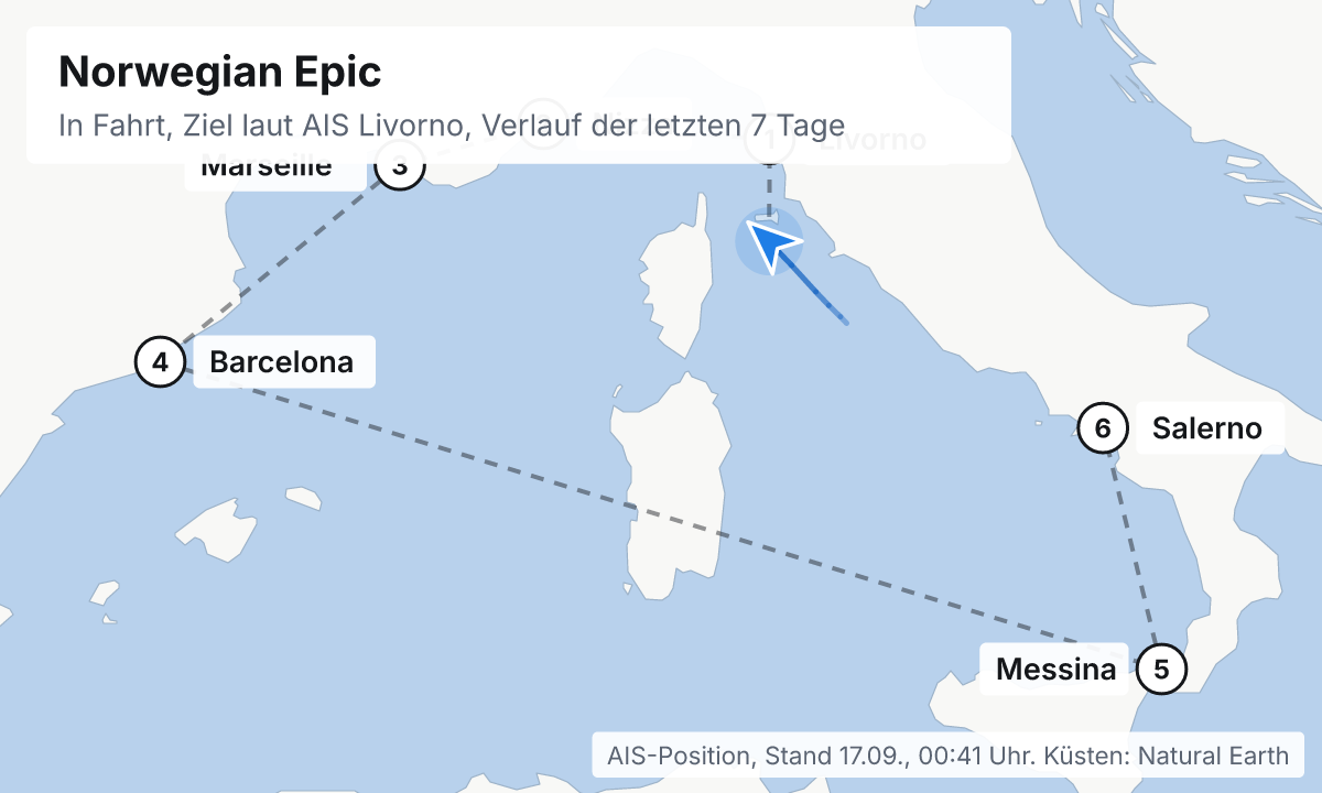 Karte: aktuelle Position der Norwegian Epic, Verlauf der letzten Tage und die nächsten Häfen laut Fahrplan