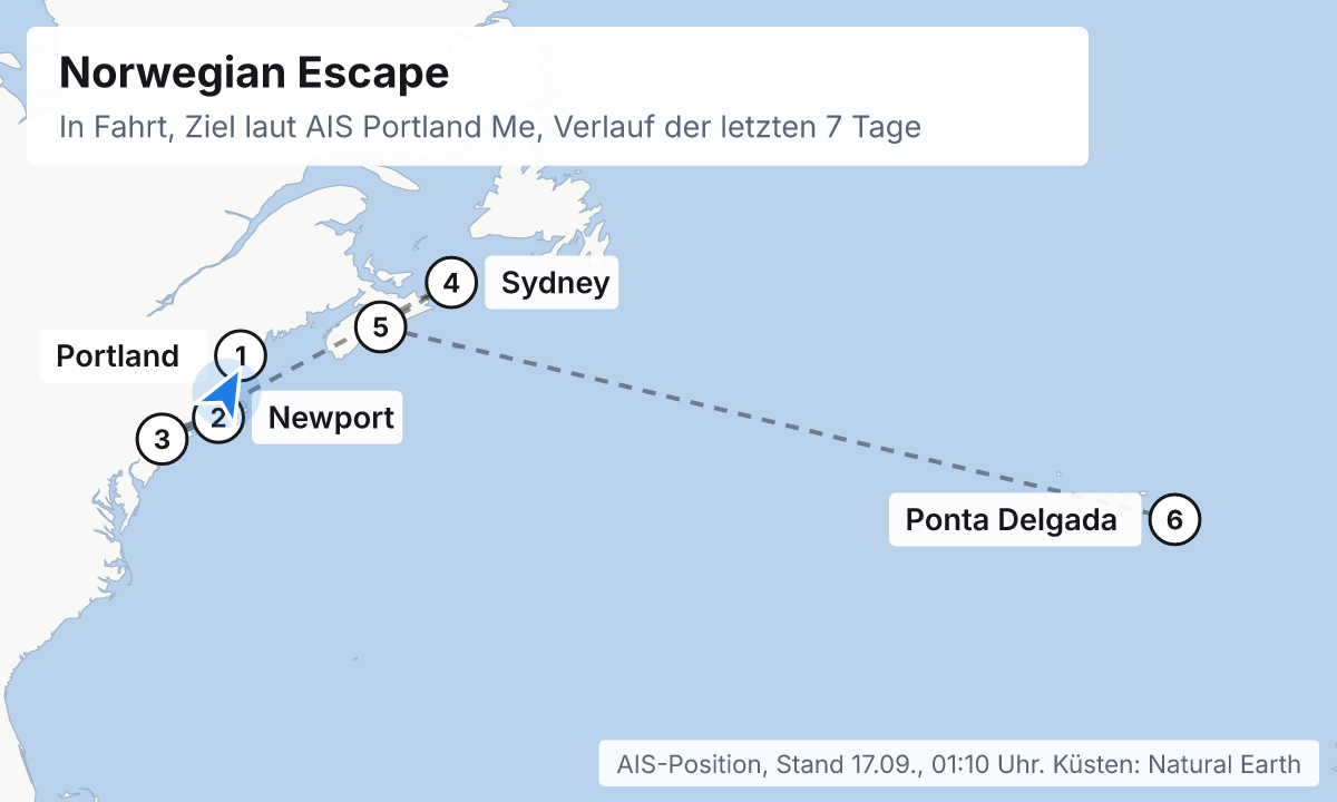 Karte: aktuelle Position der Norwegian Escape, Verlauf der letzten Tage und die nächsten Häfen laut Fahrplan