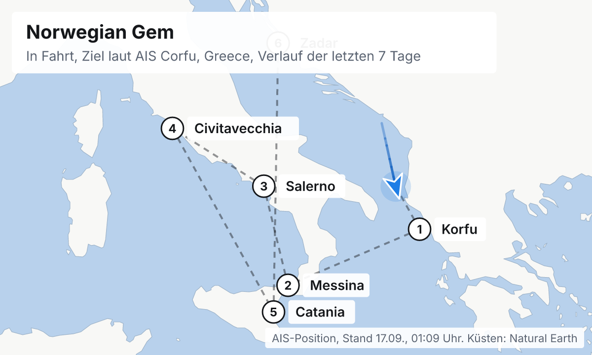 Karte: aktuelle Position der Norwegian Gem, Verlauf der letzten Tage und die nächsten Häfen laut Fahrplan