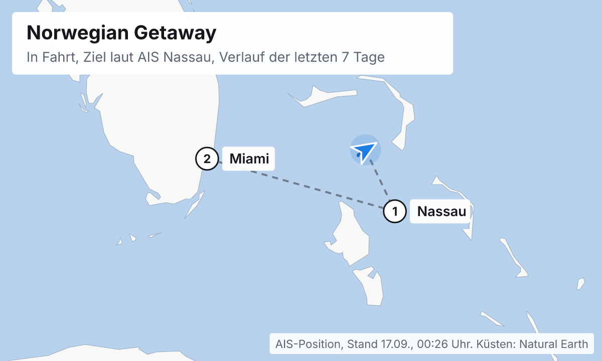 Karte: aktuelle Position der Norwegian Getaway, Verlauf der letzten Tage und die nächsten Häfen laut Fahrplan