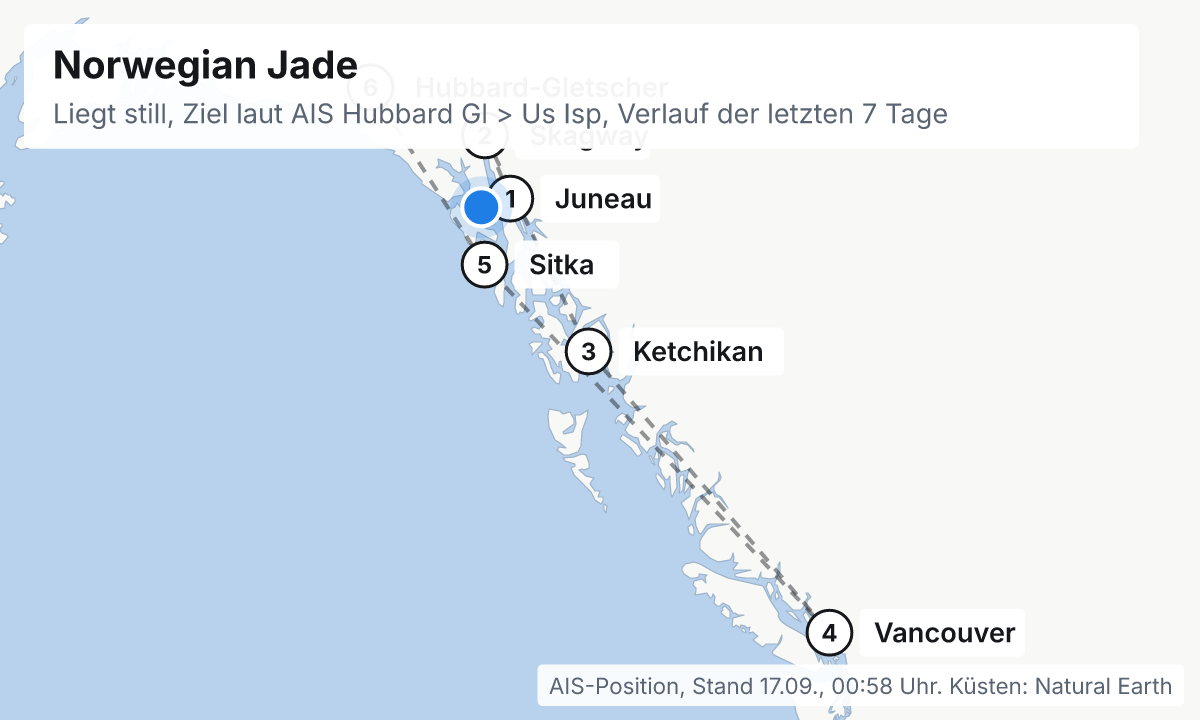 Karte: aktuelle Position der Norwegian Jade, Verlauf der letzten Tage und die nächsten Häfen laut Fahrplan