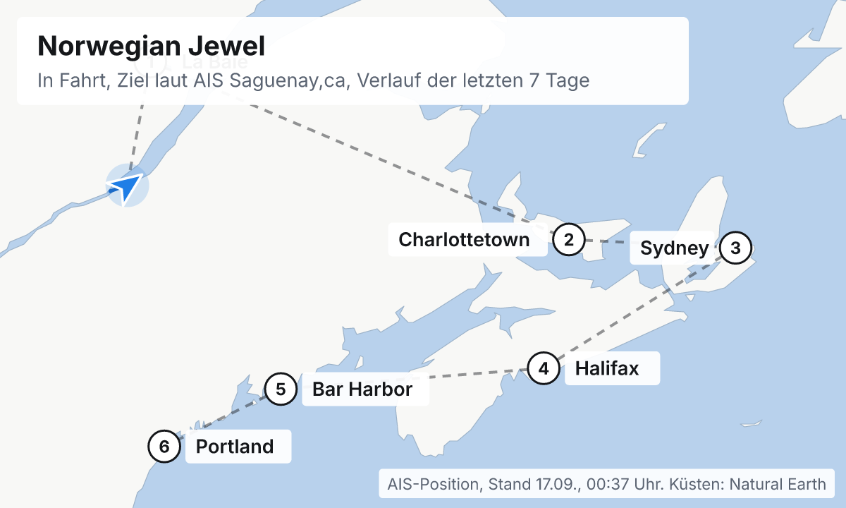 Karte: aktuelle Position der Norwegian Jewel, Verlauf der letzten Tage und die nächsten Häfen laut Fahrplan
