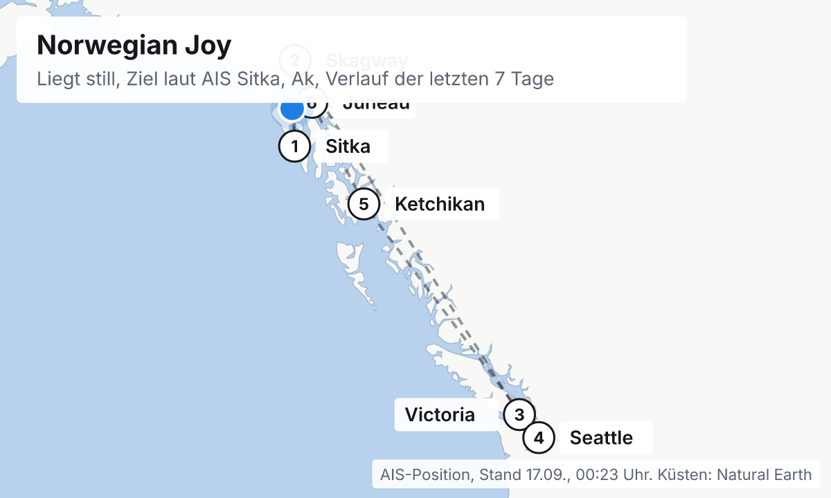 Karte: aktuelle Position der Norwegian Joy, Verlauf der letzten Tage und die nächsten Häfen laut Fahrplan
